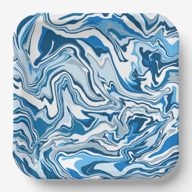  Blue and white Fluid Art Marble  Paper Plate (Front)