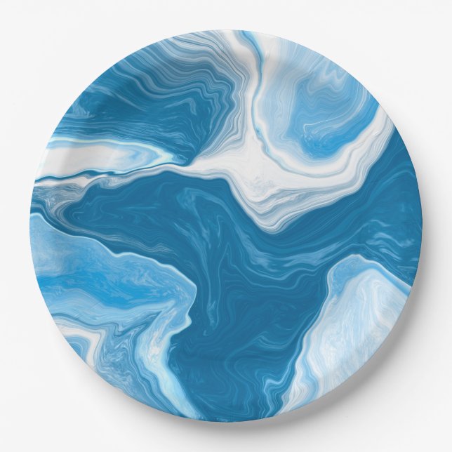  Blue and white Fluid Art Marble  Paper Plate (Front)