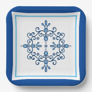 Blue and white folk art birds Paper Plate