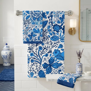 Blue and White Folk Art Botanical Bath Towel Set