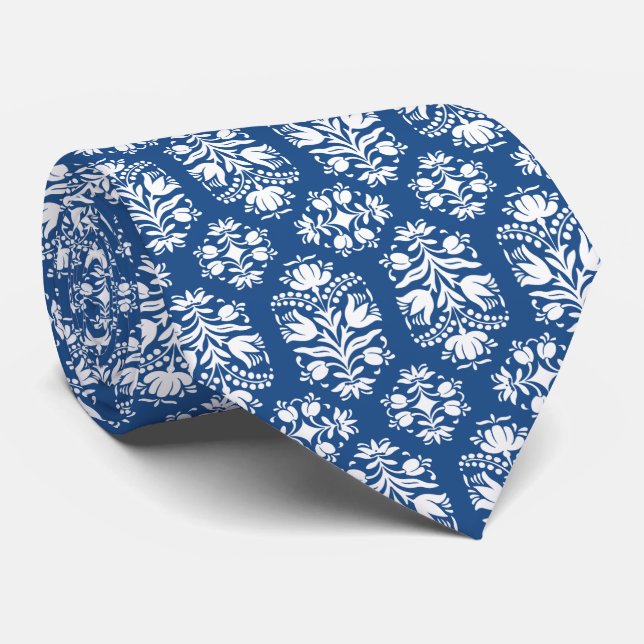 Blue and White Folk Art Floral Damask Tie (Rolled)