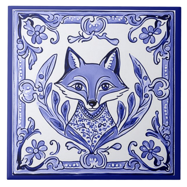 Blue and White Fox Asian Style Folk Animal Art Tile (Front)