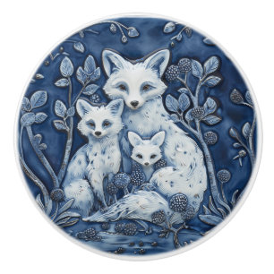 Blue and White Fox Family Wood Animals Ceramic Knob