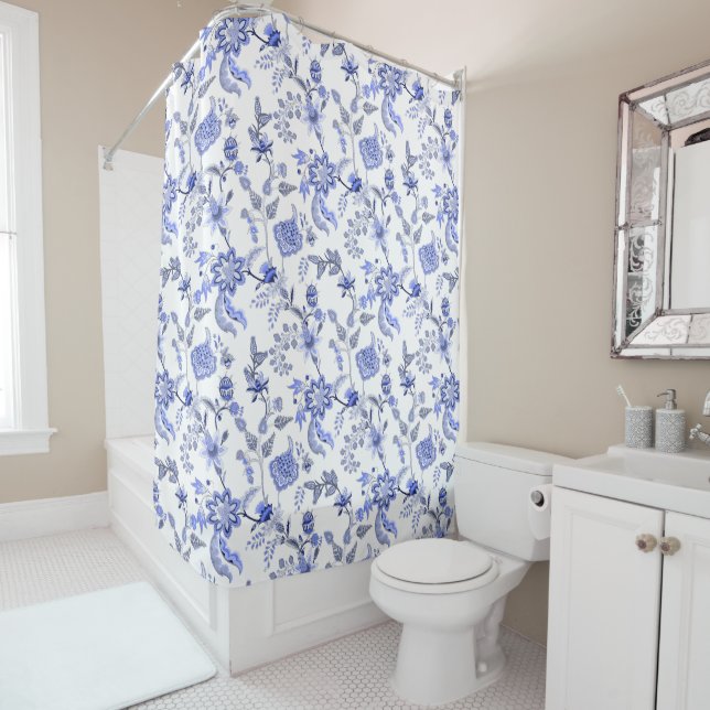 Blue and White French County  Shower Curtain (In Situ)