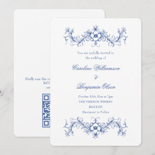 Blue and White French Floral Elegant Wedding QR Invitation