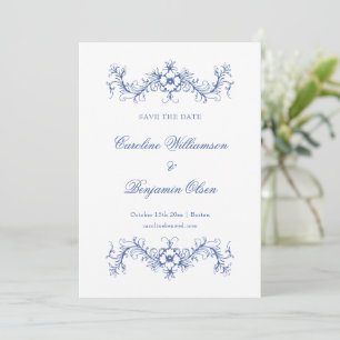 Blue and White French Floral Elegant Wedding Save The Date