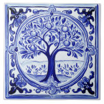 Blue and White Fruit Tree Mediterranean Folk Art Tile<br><div class="desc">summery sicilian ceramic tile, italian hand painted pattern, mediterranean fruit tree portuguese, dark navy citrus nature, summer spring farming countryside, orchard fruits floral farm, authentic classic traditional, vintage antique rustic country, folk art spanish rural agriculture, blue and white grove</div>