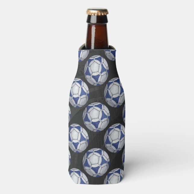 Blue and White Futbal Pattern Bottle Cooler (Bottle Front)