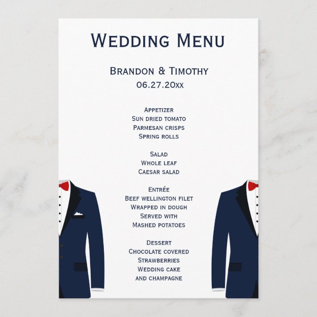 Blue And White Gay Wedding Menu Cards (Front)