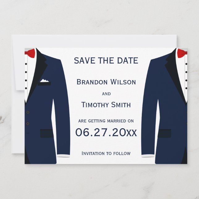 Blue And White Gay Wedding Save The Date Cards (Back)
