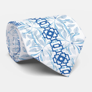 Blue and White Geometric Floral Chinoiserie Tie