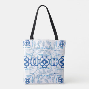 Blue and White Geometric Floral Chinoiserie Tote Bag