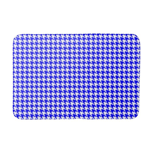 Blue and White Geometric Houndstooth Pattern Bath Mat (Front)
