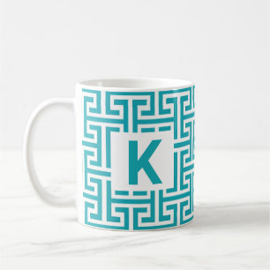 Blue and White Geometric Pattern Monogram Coffee Mug