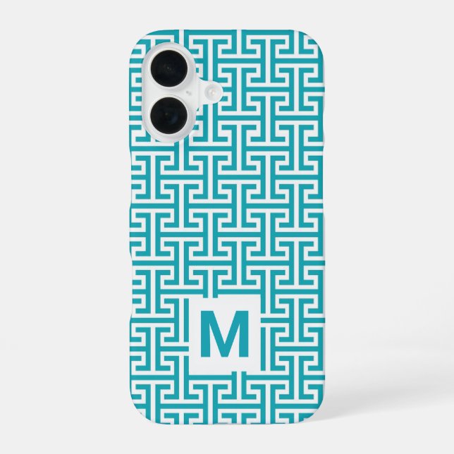 Blue and White Geometric Pattern Monogram iPhone 16 Case (Back)