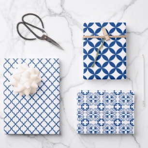 Blue and White Geometric Pattern  Wrapping Paper Sheet