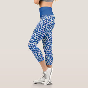 Blue And White Geometric Star Pattern Capri Leggings
