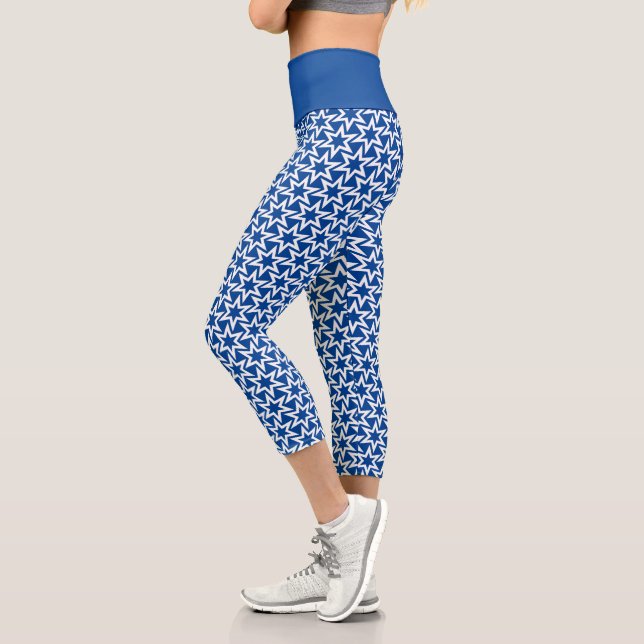 Blue And White Geometric Star Pattern Capri Leggings (Left)
