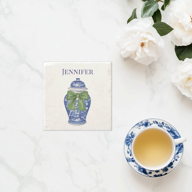 Blue and White Ginger Jar Chinoiserie  Stone Coaster (Personalized blue ginger jar bow stone coaster custom name)