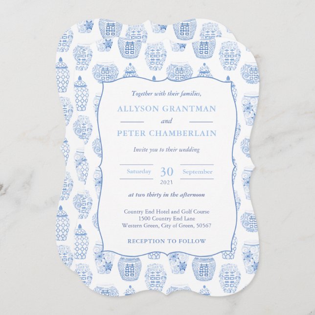 Blue And White Ginger Jar Chinoiserie Wedding Invitation (Front/Back)