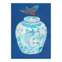 Blue and white ginger jar with Dragonfly