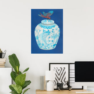 Blue and white ginger jar with Dragonfly Poster
