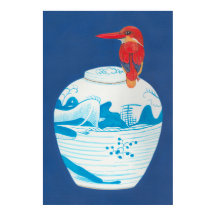 Blue and white ginger jar with red kingfisher bird