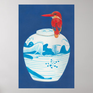Blue and white ginger jar with red kingfisher bird poster