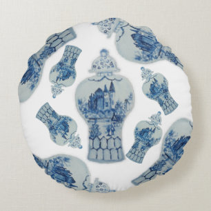 Blue and White Ginger Jars Round Throw Pillow