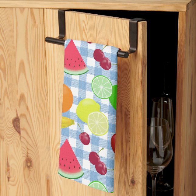 Blue and White Gingham Check Fruits Tea Towel (Thirds Fold)