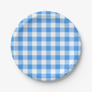 Blue And White Gingham Check Pattern Paper Plate