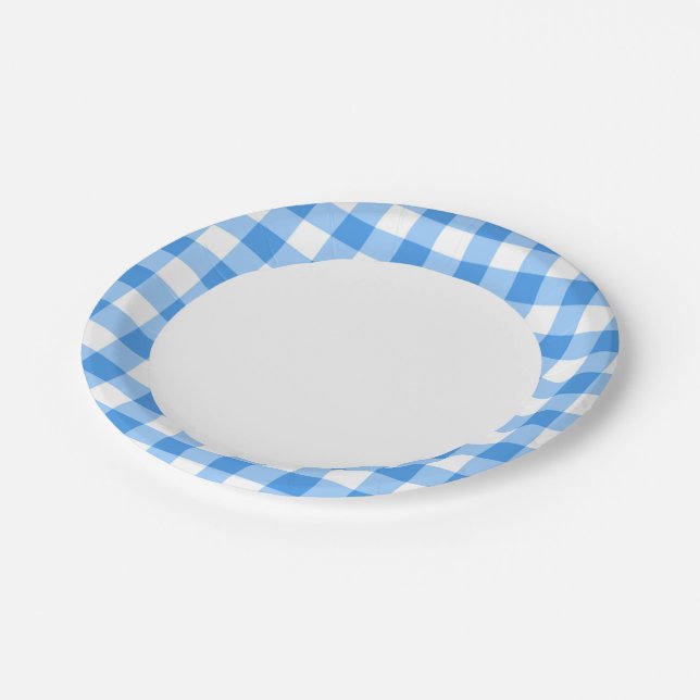 Blue And White Gingham Check Pattern Paper Plate (Angled)