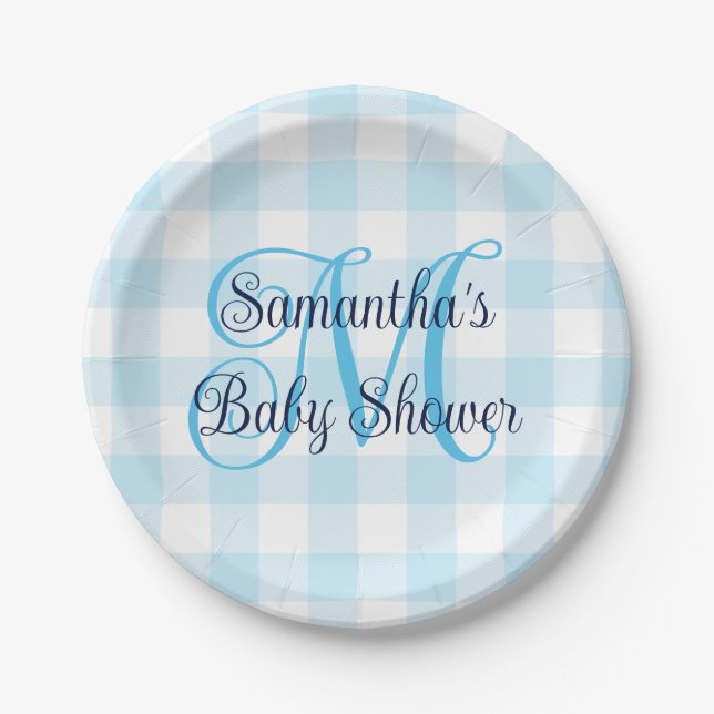 Blue and White Gingham Monogram Baby Shower Paper Plate (Front)