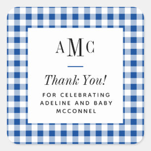 Blue and White Gingham Monogram Thank You Square Sticker