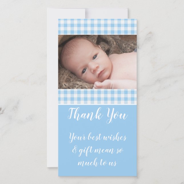 Blue and white gingham new baby thanks photo thank you card (Front)