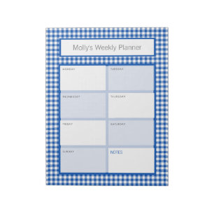 Blue and White Gingham Plaid Personalised Planner Notepad