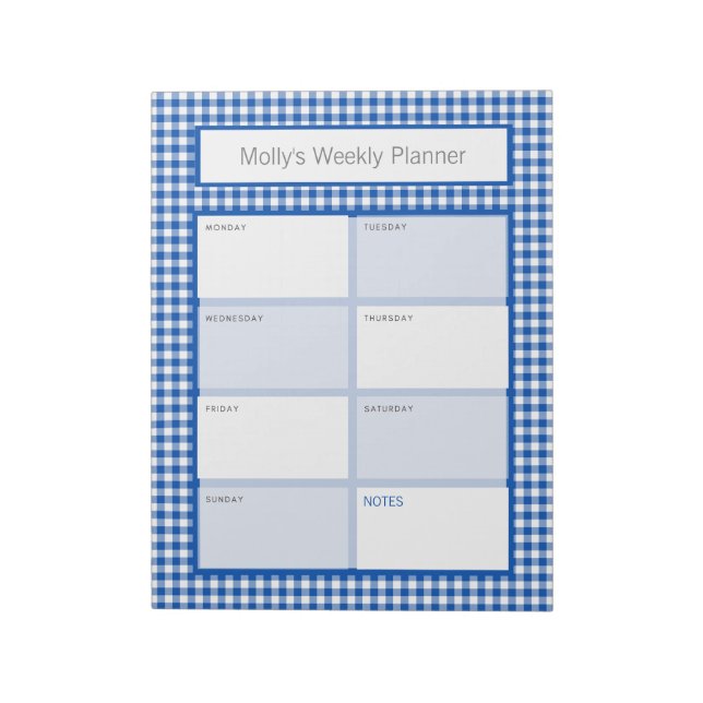 Blue and White Gingham Plaid Personalised Planner Notepad (Rotated)