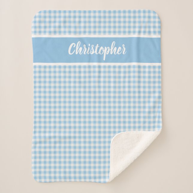 Blue and white gingham with name sherpa blanket (Front)