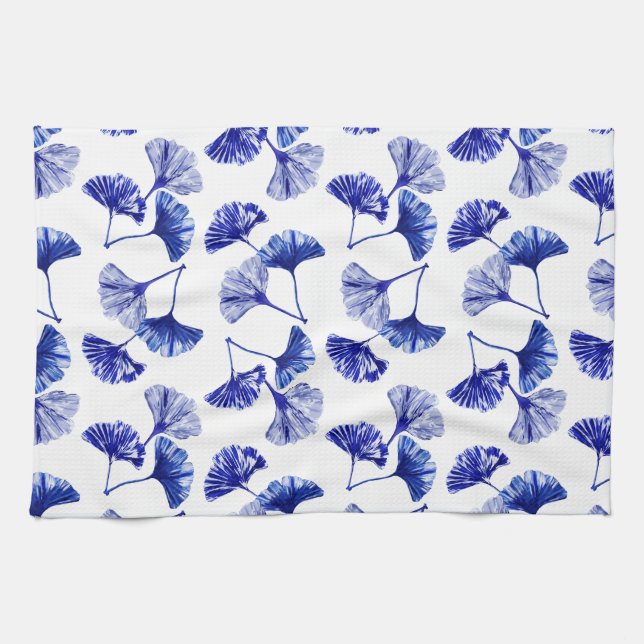 Blue and white gingko leaves tea towel (Horizontal)