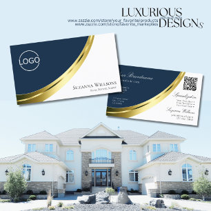 Blue and White Gold Decor with Logo and QR-Code Business Card