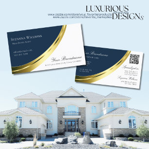 Blue and White Gold Decor with QR-Code Stylish Business Card