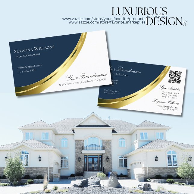 Blue and White Gold Decor with QR-Code Stylish Business Card (Creator Uploaded)