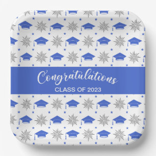 Blue and White Graduation Cap Pattern Paper Plate