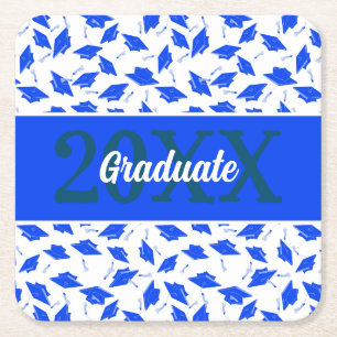 Blue and White Graduation Caps Thrown in the Air Square Paper Coaster