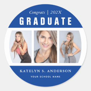 Blue and White Graduation Photo Collage Classic Round Sticker