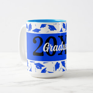 Blue and White Graduation Year Caps Personalised Two-Tone Coffee Mug