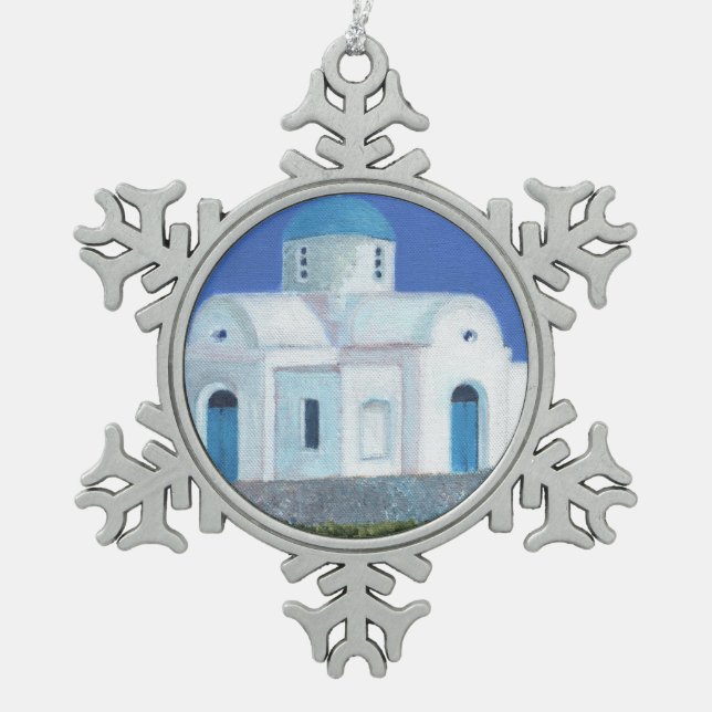 Blue And White Greek Cypriot Church Snowflake Pewter Christmas Ornament (Front)