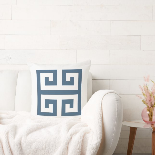 Blue and White Greek Key Cushion (Couch)