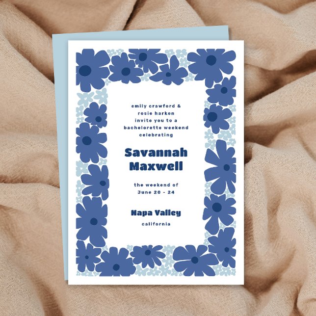 Blue and White Groovy Blooms Boho Bachelorette Invitation (Creator Uploaded)