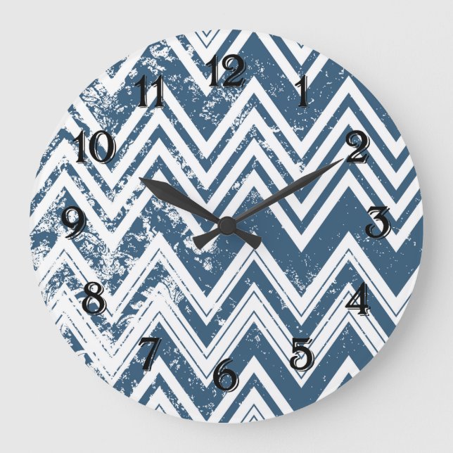 Blue and White Grunge Chevron Large Clock (Front)